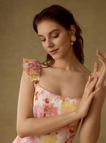 MOTF PREMIUM 全身花卉印花撞色蕾丝花边荷叶边袖窿喇叭腿连体裤 - 粉色 - 查看 5