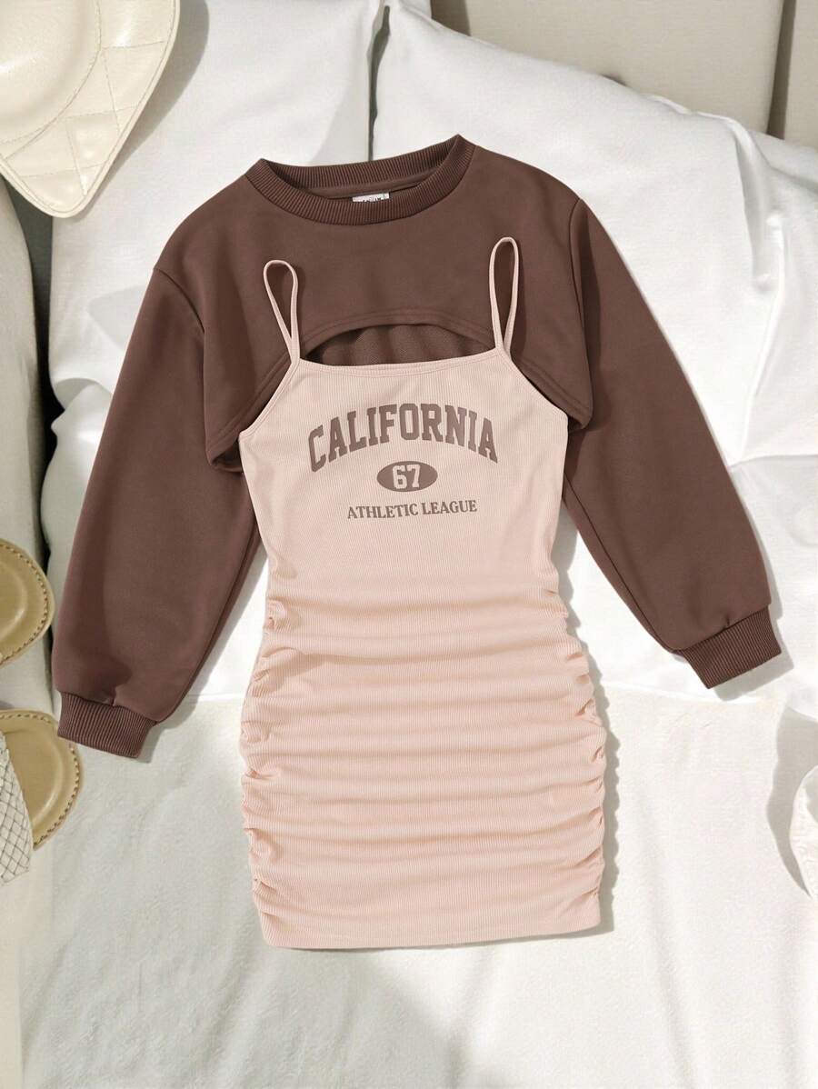 SHEIN Tween Girl Letter Graphic Cami Dress & Super Crop Pullover