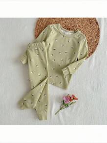 Loomiva Baby Girl  Tight Fit PajamaFloral Print Knit Snug Fit Pajamas - Soft Round Neck Long Sleeve Top And Elastic Waist Tight Pants 2Pcs Set Fall Winter