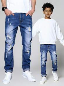 SHEIN 青少年男孩时尚复古水洗做旧紧身弹力牛仔裤，舒适百搭卷边休闲裤