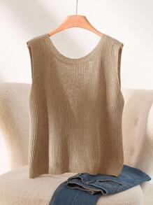 CosyJoli 大码休闲扭结无袖毛衣背心 - 卡其色 - 查看 2