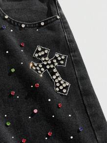 ROMWE MEN Goth Men's Summer Rhinestone Street Distressed Cross Pattern Raw Edge Loose Denim Shorts - Black - View 4