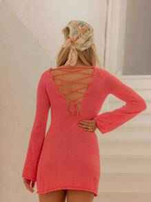 Aralina Váy đi biển dệt kim nhẹ bán trong suốt mùa hè có chi tiết buộc dây phía sau - Màu Hồng  Dưa hấu - Xem 3