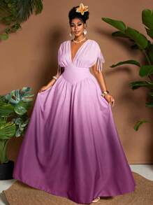 大码女式优雅渐变色印花系带蝴蝶结 V 领 A 字型超长连衣裙，配有短袖，百搭设计，适合外出、海滩、音乐节、春夏季 - 彩色 - 查看 6