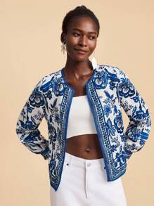 Travachic Blue And White Woven Fabric Long Sleeve Coat With Pattern And Regular Hem Blue And White Floral Jacket Printed Jacket Floral Print Cardigan Casual Jacket Women Fall Outfits Women Winter Clothes For Women - Blue and White - View 4