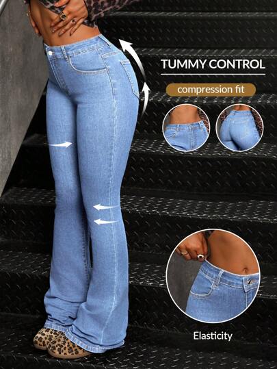 SHEIN Tall 女式中腰休闲口袋修身喇叭裤