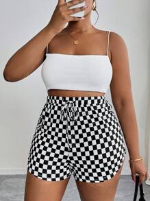 SHEIN PETITE CURVE Plus Summer Casual Checkered Print Drawstring Shorts  Plaid Shorts Micro Short Plus Size Summer Clothes For People Of Shorter Stature - Black and White - View 7