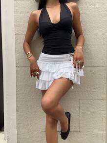 SHEIN EZwear 女式夏季白色荷叶边下摆圆形细节迷你裙 - 白色 - 查看 6