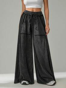 SHEIN Tall 女士做旧松紧腰抽绳宽松休闲低腰长裤，夏季 - 黑色 - 查看 3