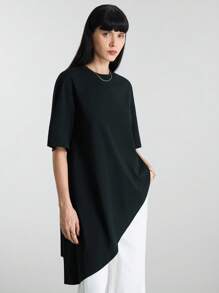 Ontre 2025 年夏季新款超大码黑色圆领短袖 T 恤，女士休闲日常针织 T 恤，度假 - 黑色 - 查看 7