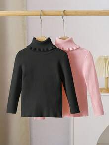 LMoss Kids LMoss 2 件套年轻女孩高领修身休闲毛衣，秋季，服装，百搭，适合日常使用，服装，冬装，毛衣，秋冬高领毛衣高领毛衣高领毛衣罗纹高领荷叶边高领毛衣高领毛衣秋季毛衣 - 粉色 - 查看 2