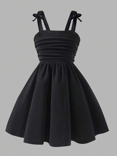 Elladie kids Girls Elegant Solid Color 3D Bow Pleated Shoulder Strap Cami Dress, Fashion Spring/Summer New Party/Occasion Wear Summer Holiday