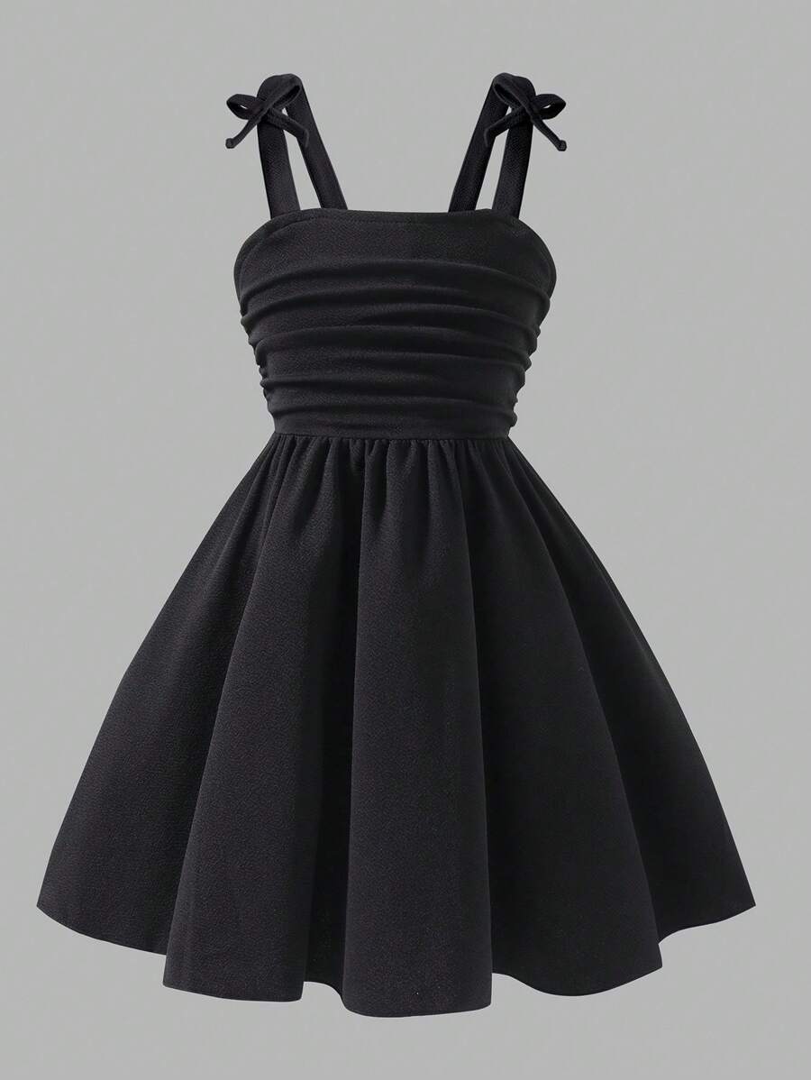 Elladie kids Girls Elegant Solid Color 3D Bow Pleated Shoulder Strap Cami Dress, Fashion Spring/Summer New Party/Occasion Wear Summer Holiday