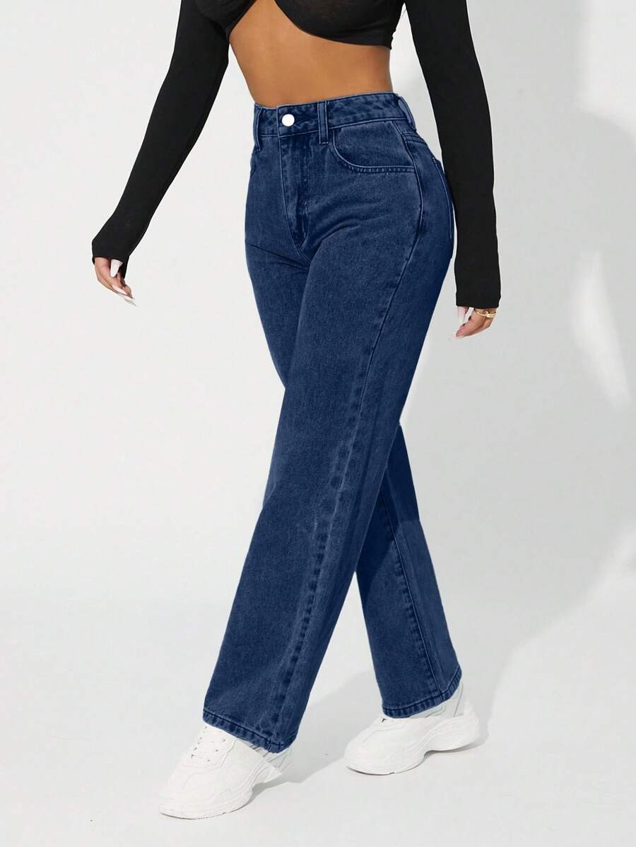 EURMUSE Casual High Waist Tapered Washed Denim Jeans - Dark Wash - View 1