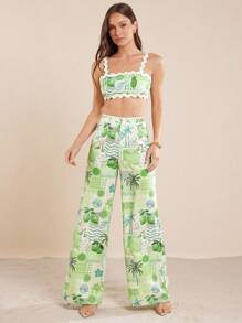 L'Amorae Damen Sommer Früchte Muster Patchwork Träger Hosen, Urlaubsstil