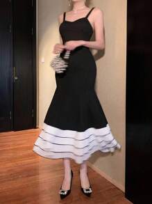 DAZY Elegant Square Neck Sleeveless Mermaid Hem Midi Dress For Women