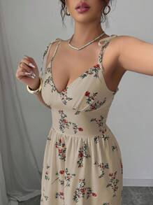 Elenzga Váy hoa không tay nhỏ nhắn dành cho nữ - Màu Khaki - Xem 3