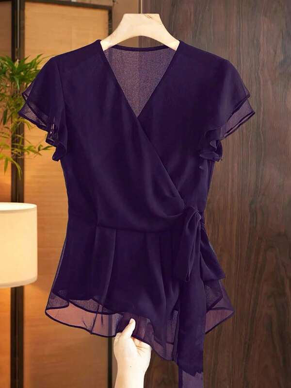 Franclia Blusa de gasa con cuello en V, volantes, cintura anudada y puños acampanados