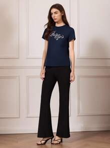 Briarwyn Women's Casual Round Neck Faux Pearl Beaded Alphabet Pattern Short Sleeve T-Shirt, Summer,Fall Women Clothes,Old Money Style Women,Vacation Outfits Woman - Navy Blue - View 6