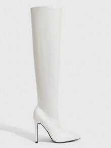 CUCCOO SZL 女士白色压花尖头超高细高跟鞋，性感俱乐部派对过膝长靴 - 白色 - 查看 4