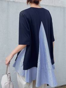 FRIFUL Women Crew Neck Loose Striped T-Shirt With Faux Layered Flounce Hem & Side Slit, Casual Streetwear, Spring/Summer Asymmetrical Top Navy Blue Top Striped Top Half Sleeve Top Layered Top