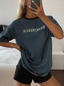 Livesso 女式夏季休闲字母图案圆领短袖牛仔上衣 - 藍色 - 查看 6