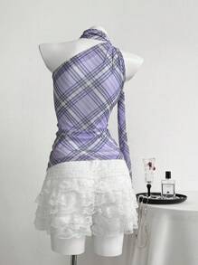 Elamini Women's Casual Summer Vacation Asymmetrical Neck Sleeveless Blue Plaid Halter Neck Flowy Chiffon Blouse - Mauve Purple - View 2