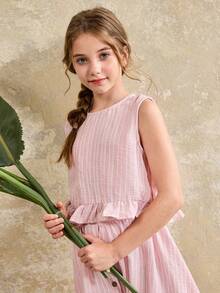 Ontre 少女宽松休闲荷叶边条纹上衣和A字裙两件套 - 粉色 - 查看 3