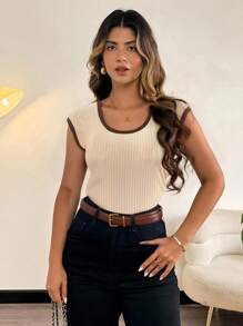 Vionelle 大码女式针织拼色圆领落肩修身优雅高端浪漫T恤