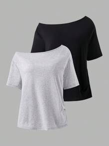 Sparklyn 少女休闲纯色不对称领口短袖T恤