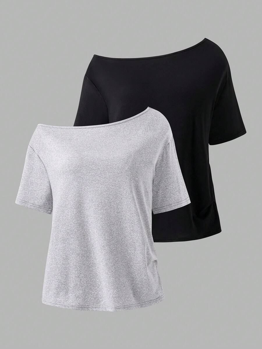 Sparklyn 少女休闲纯色不对称领口短袖T恤