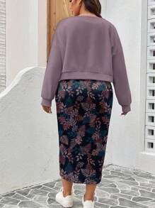 SHEIN LUNE Plus Size Women Autumn/Winter Maple Leaf Print Casual Sweatshirt Dress 2 Pieces Set,Holiday Outfits - Multicolor - View 2