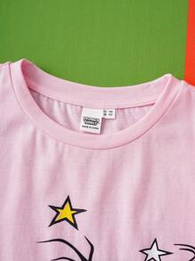 LOONEY TUNES X SHEIN Tween Girl Cartoon Cat Pattern Round Neck Short Sleeve T-Shirt Kids Cartoon Graphic Tee Sylvester The Cat Tops - Pink - View 5