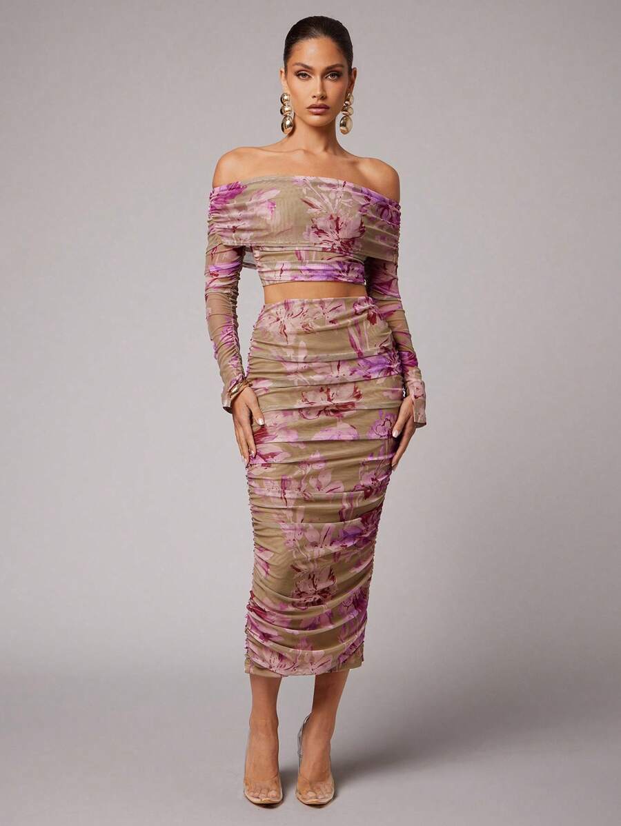 Silquee 2件套花卉印花荷叶边露肩长袖上衣和迷你裙套装 - 彩色 - 查看 1