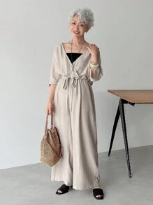 FRIFUL 女士波西米亚风休闲宽松纯色连体裤，短袖夏季抽绳连衣裙，前系带宽松连衣裙，米色连衣裙，V领连衣裙 - 杏色 - 查看 4