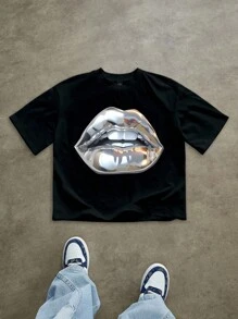 Manfinity Roghcode 男士休闲印花宽松短袖T恤，夏季 - 黑色 - 查看 1