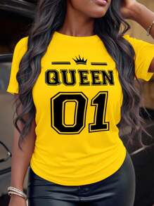 Maweii Plus Size Women's Crown & Letter Print Round Neck Short Sleeve T-Shirt Graphic Tees Women Tops - Yellow - View 1