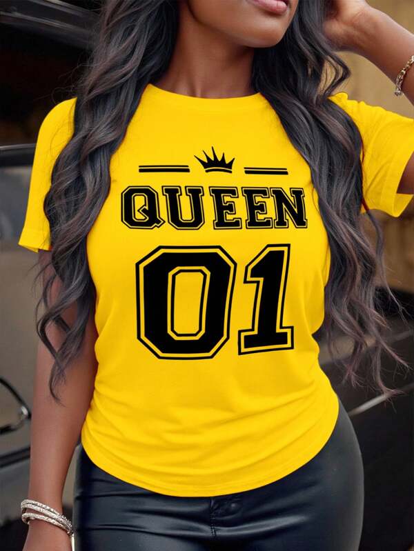 Maweii Plus Size Women's Crown & Letter Print Round Neck Short Sleeve T-Shirt Graphic Tees Women Tops