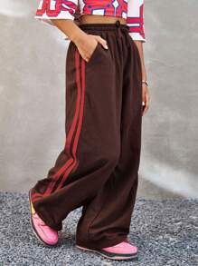 Coolane Kids 青少年女孩松紧腰拼接织带宽松街头风裤子，适合所有季节 - 咖啡棕 - 查看 4