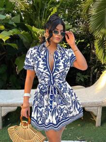 SHEIN SXY 度假休闲波西米亚热带印花 A 字迷你连衣裙 - 藍色 - 查看 3