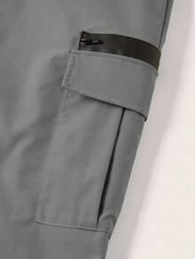 SHEIN 2 件套青少年男孩休闲宽松纯色口袋弹性袖口梭织长裤，百搭 - 灰色 - 查看 4