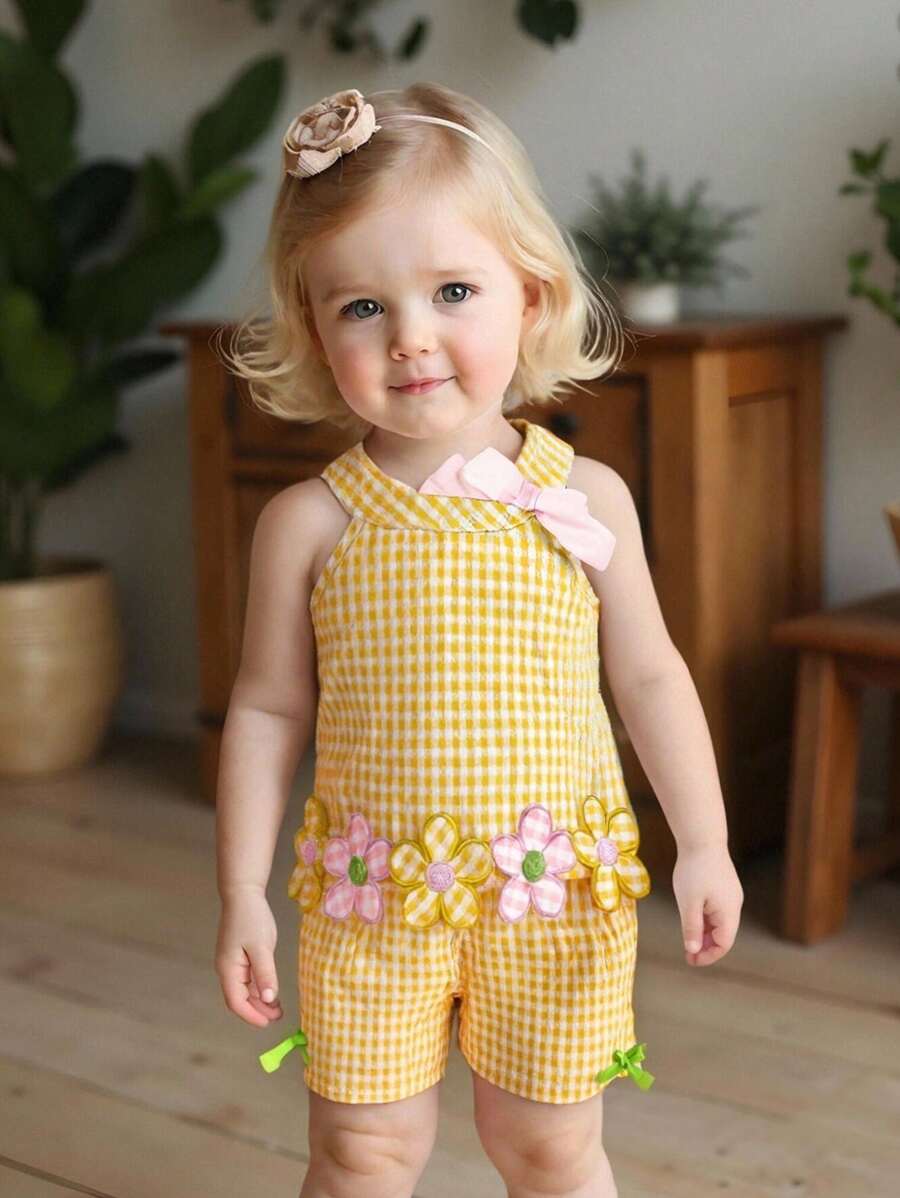 SHEIN Vintaside Kids 女宝宝可爱刺绣花朵和格子无袖上衣和裤子套装，春夏 - 黃色 - 查看 1
