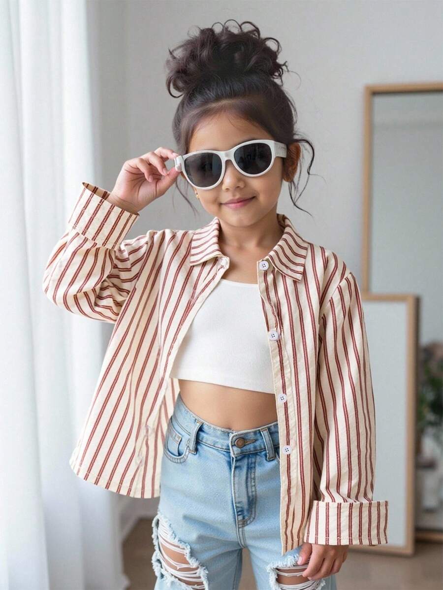 Young Girls Casual Khaki Striped Textured Turndown Collar Long Sleeve Shirt, Fashionable Top For Commute, Autumn - Khaki - View 1