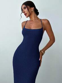 Firerie Women's Casual Elegant Fashion Sexy Backless Cross Strap Slit Bodycon Midi Knit Dress Sexy Dress - Navy Blue - View 3