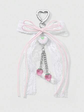 Kawaii 1 pieza de llavero/colgante de bolso con estilo coreano, dulce y refinado, minimalista y versátil, de alta calidad, que incluye malla blanca de encaje, cuerda de terciopelo rosa, moño multicapa, forma de corazón de acrílico y dije de fresa, adecuado para uso diario de mujeres o como regalo