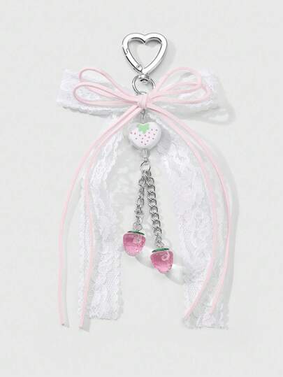 Kawaii 1pc Korean Style Sweet & Refined Minimalist Versatile High-Quality White Mesh Lace, Pink Velvet Rope, Multi-Layer Bowknot, Acrylic Heart-Shape, Strawberry Charm Keychain/Bag Pendant, Suitable For Women, Daily Wear Or Gift