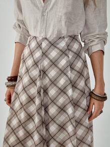 Florisole 女式复古蕾丝拼布休闲衬衫，适合秋季上学、办公室和日常穿着 - 卡其色 - 查看 5