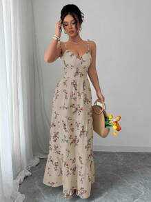 Elenzga Váy hoa không tay nhỏ nhắn dành cho nữ - Màu Khaki - Xem 5