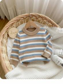 SHEIN Babygirl Casual Striped Long Sleeve Sweater, Versatile For Autumn/Winter Baby Knitwear Baby Sweater Striped Baby Sweater Baby Boy Sweater Baby Girl Sweater