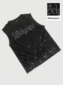 ROMWE MEN Goth Unisex English Graphic Rhinestone Decor Streetwear Tank Top, Halloween - Black - View 4